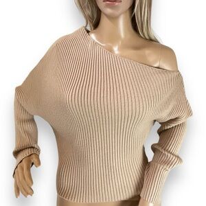 Line & Dot Sweater One Shoulder‎ Tan Beige Neutral Asymmetrical Size Medium NWT
